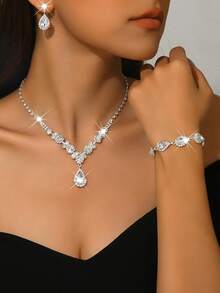 Conjunto de joyería nupcial - Collar de gota de cristal, aretes, pulsera con decoración de borla de cristal, adecuado para vestido de novia, vestido de gala - Multicolor - Ver 18