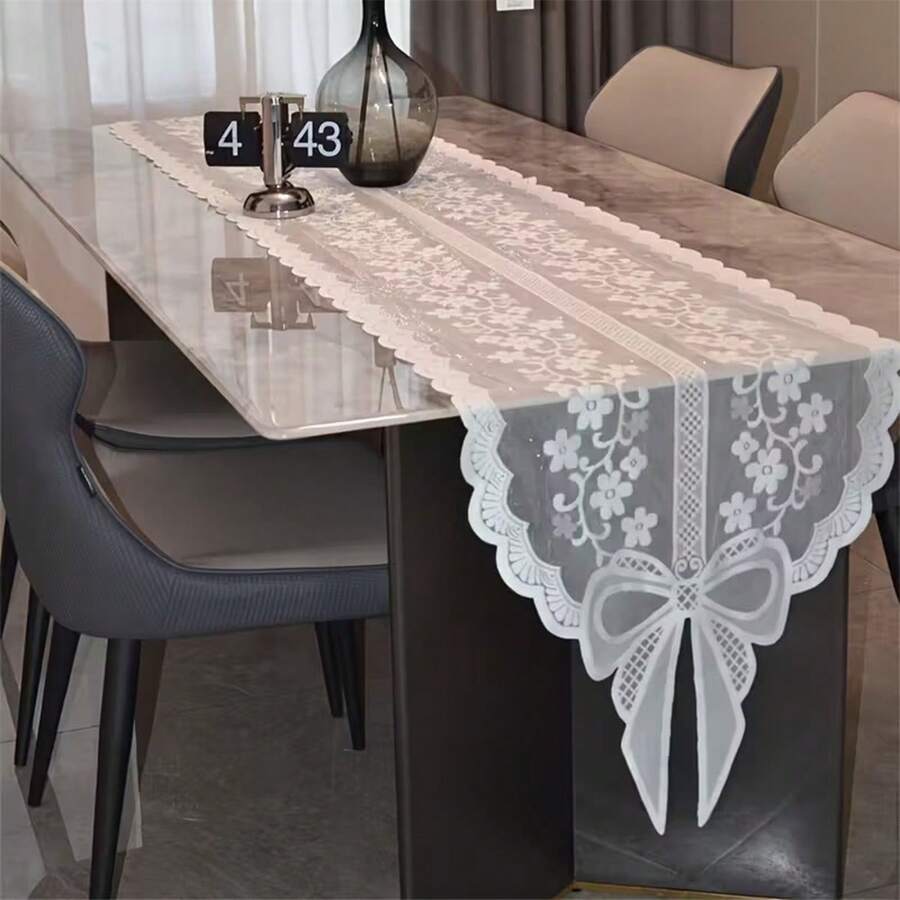 White Lace Tablecloth Elegant Bow Flower Embroidered Table Cover Decorations For Kitchen TV Cabinet Coffee Table - trắng - Xem 1