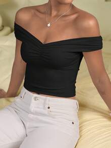 Top minimalista de unicolor con escote en V y hombros descubiertos para uso diario de mujer Mystra - Negro - Ver 2