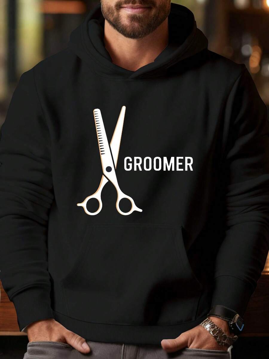 Sudadera con capucha estampada para cortadora de pelo de hombre - Ropa de trabajo profesional para peluquería de mascotas con bolsillos, corte holgado, lavable a máquina, adecuado para barberos y peluqueros de mascotas (Estilo otoño-invierno) - Negro - Ver 1