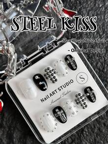 10片装手工朋克风亚克力美甲套装，中号方形假指甲，透明指甲，纯白法式甲片，美甲，重金属朋克风格，十字架和回形针元素，各种铆钉和透明白色，高端性感少女风美甲用品手工按压式指甲 - 彩色 - 查看 16