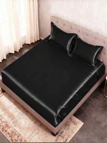 3 Pices Satin Fitted Sheet Set (1 * Fitted Sheet+2 * Pillowcase) – Smooth, Breathable, And Wrinkle-Resistant, Machine Washable For Easy Care, Comfort Bedding Suitable For Adults, Hotels, Apartments, & Home Use - Black - View 9