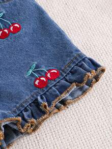 Baby Girls Valentine's Day Outfit - Red Bow Camisole Top With Cartoon Cherry Embroidered Denim Shorts - Red - View 5