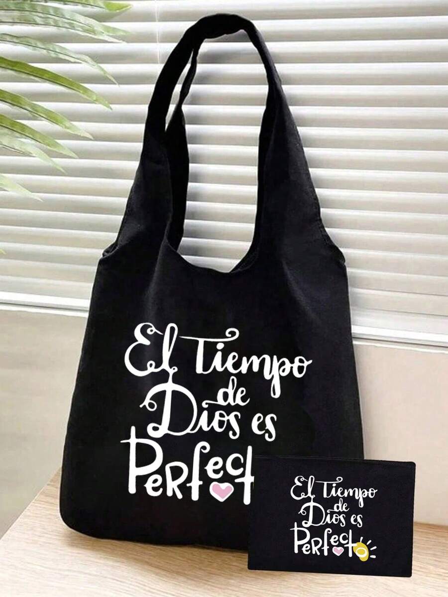 Bộ 1 túi đeo vai bằng vải canvas + túi nhỏ màu đen, in hình trái tim, mặt trời và dòng chữ trắng "Iempo De Dios Perfect", túi xách tay tiện dụng, túi đựng đồ trang điểm du lịch, túi tote, túi mua sắm đa năng, lý tưởng cho mua sắm, đám cưới, sinh nhật, đi biển, kỳ nghỉ, tựu trường, Giáng sinh, Lễ Tạ ơn, quà tặng năm mới. - Nhiều màu - Xem 1