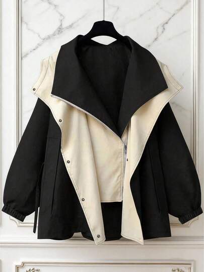 时尚女士梭织长袖外套，带领子、拉链和口袋，常规长度设计，秋冬黑色春季款