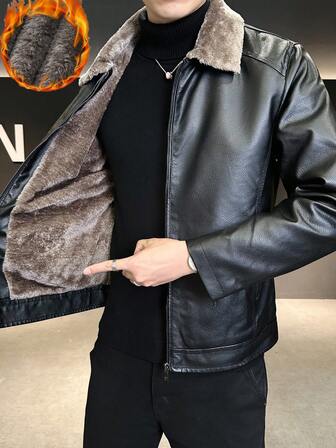 Men's Thickened Fleece Leather Jacket, Autumn/Winter