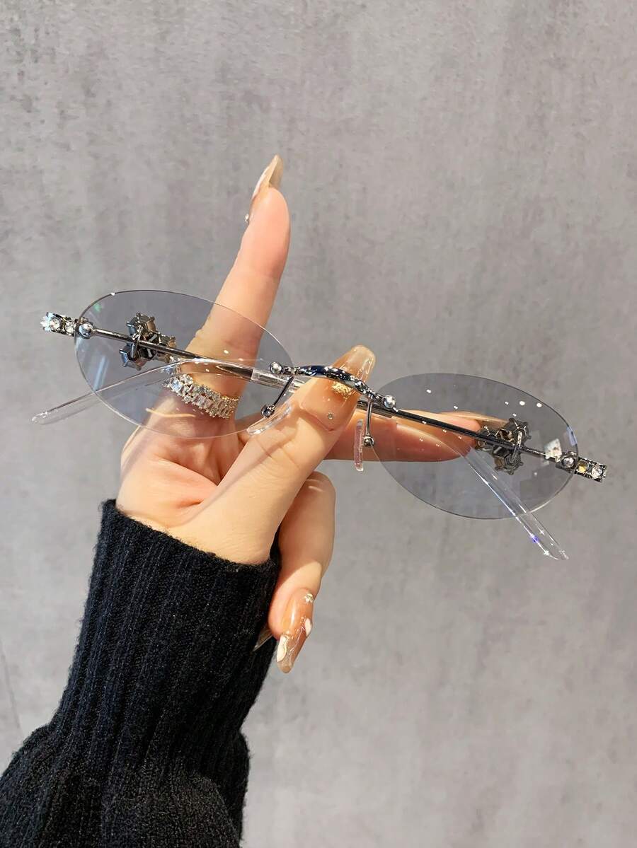 1副女士时尚眼镜，新款椭圆形无框设计，镶嵌水钻，时尚别致，适合街头风、度假、送礼、日常佩戴、派对、外出以及防晒。 - 彩色 - 查看 1