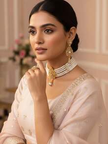 1 Set Handmade Palace Style Metal Hollow-Carved Rhinestone Inlaid Beaded Necklace With Matching Metal Earrings Jewelry Set, Suitable For Women Wedding, Party, Festival, Gift - Jewelry Sets - View 11