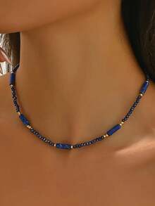 1 chiếc vòng cổ đá Lapis Lazuli hiệu National Elegance dành cho nữ, kiểu dáng choker đính hạt pha lê, đa năng và có thể đeo nhiều lớp, là món quà trang sức lý tưởng để đeo hàng ngày. - vòng cổ - Xem 6