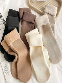 10/5/1 Pair Comfortable Fleece Winter Socks - Thick, Warm, Soft, Earthy Tones, Polyester And Spandex Blend, Knitted, Solid Color, Suitable For Cold Weather/Yoga/Sleep, Fashionable Women's Style - Multicolor - View 8