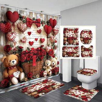4pcs Valentine's Day Decoration Shower Curtain Set, Floral Rose Heart Bear Romantic Cute Brown Red White Shower Curtain And Rug, Washable Bathroom Shower Home Decor With 12 Hooks Non-Slip Bath Mat U-Shaped Toilet Seat Cover