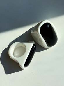 Set de 2 anillos anchos de resina con diseño geométrico en blanco y negro, anillos vintage, regalo para amigos