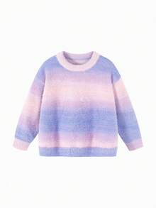 mini bala 2025年冬季女童毛绒绒毛衣，柔软渐变色仿貂绒针织套头衫 - 紅紫色調 - 查看 4