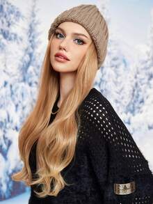 TOPSHE 26英寸金色长波浪合成假发，配保暖柔软针织滑雪帽，可调节假发，耐热纤维，带接发，女士假发，适合圣诞节装扮（含帽子） - 金色 - 查看 6