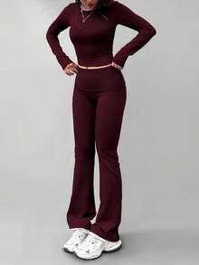 Conjunto casual de camiseta de manga larga de cuello redondo y pantalones para mujer, versátil para la primavera - Rojo violeta - Ver 2