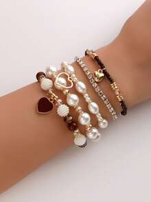 5pcs Pearl & Crystal Beaded Bracelets, Fashion Multilayer Wrist Bracelet Set For Women - Nhiều màu - Xem 5