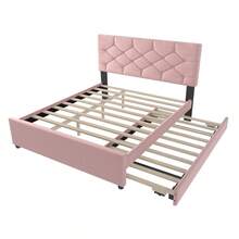 Upholstered Bed, 90x200cm, Bed With Slatted Base (Without Mattress), Bed With Storage Container, Velvet, Minimalist, Pink - Pink + Velvet + 140cm*200cm - View 5