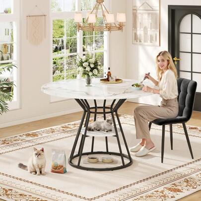 Mesa de comedor redonda (1 pieza), mesa de cocina, mesa de desayuno, patas de metal, patrón de mármol dorado/negro