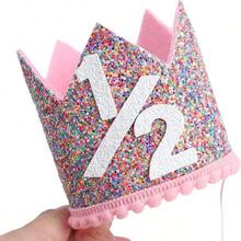1件装，粉色公主皇冠婴儿生日派对帽，适合半岁、1岁、2岁、3岁生日，可作发箍或婴儿派对装饰。 - 彩色 - 查看 3