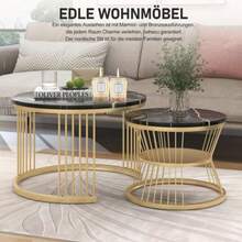 Set Of 2 Modern Nesting Coffee Tables, Marble Veneer, Nesting Style, Round, With Gold Frame. - Black - View 3