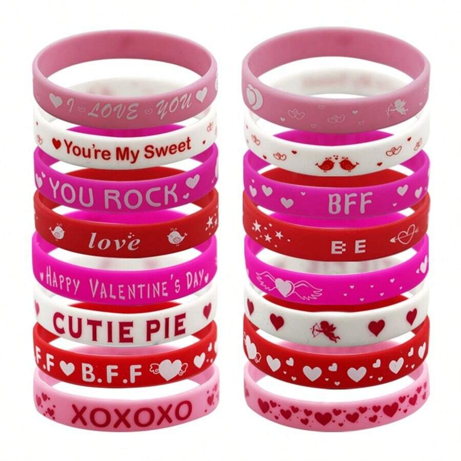 16Pcs Valentine's Day Silicone Bracelets Set (8 Unique Designs, 2 Each) - Red/Pink/White Assorted Colors, Soft Flexible Rubber Wristbands With Heart Patterns & Love Messages, Party Favors For Weddings/Bridal Showers/Bachelorette Parties, Sweet Exchange Gifts For Valentine's Day Celebrations - Multicolor - View 1