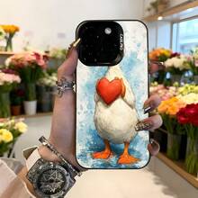 Cubierta de telefono con diseño de pato blanco sosteniendo corazon rojo estilo acuarela para funda protectora con borde negro ideal para amantes de animales y regalos romanticos Aplicable a los teléfonos de la serie Apple y Galaxy - Negro - Ver 2