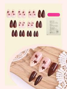 French Maple Leaf Acrylic Nails 24Pcs Gold Chrome Medium Almond Press On Nail Tips, Y2K Brown/Pink Artificial Nail Set, Decorated With Gold Nail Powder, Suitable For Nail Salons, Women's Daily Wear And Holiday Parties, Also Ideal As New Year Gifts