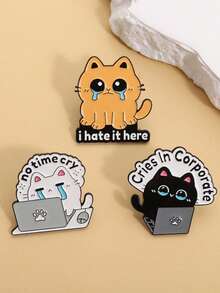 3件套可爱哭泣猫咪珐琅胸针，表达“职场无暇哭泣，我讨厌这里”的趣味动物胸针翻领徽章珠宝礼品 - 彩色 - 查看 2