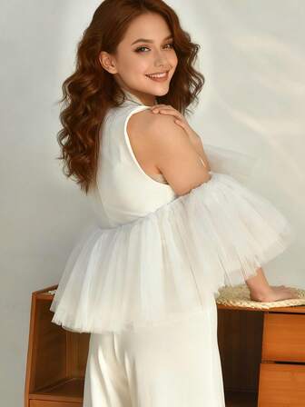 1 件圣诞派对、舞会和婚礼披肩，时尚薄纱褶皱裹身裙，新娘礼服假袖，红色情人节礼服配饰