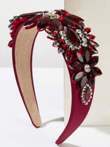 1件纯色欧美时尚巴洛克风格发箍，复古奢华宝石和仿珍珠花朵装饰发圈，高品质舞会、派对、家居美发配饰 - 紅色 - 查看 2