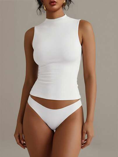 XLLAIS Crew Neck Sleeveless Solid Color White Base Double-Layer Elastic Fitted T-Shirt Casual Summer