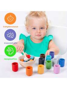 Rainbow Ball Cup Toy, Preschool Wooden Matching Game, Learning Color Sorting And Counting, Fine Motor Early Education Toy, Random Color - Multicolor - View 2