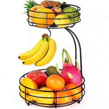 64oz Iron 2-Tier Fruit & Vegetable Basket Holder With Banana Hook, Black Kitchen Counter Produce Storage Rack - Multicolor - View 10