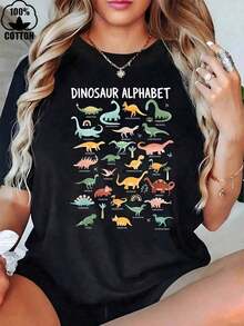 Women's% Cotton Dinosaurs Alphabet Fun And Dinosaur Patterns Dinosaur Lovers-Shirt, Women's 200g Heavy Cotton-Shirt (1 PC)Summer New Fashionable Breathable Women's Short Sleeves Summer Cotton Breathable Printed Short Sleeved Shirt Comfortable Printed Top Unisex Comfortable Retro Cotton-Shirt-K91Unisex Casual-Shirts - 黑色 - 查看 3