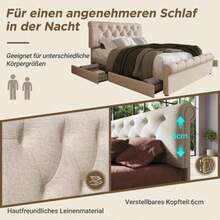 Upholstered Double Bed, 140x200 Cm, Bed Frame With 4 Drawers And Height-Adjustable Headboard, Multifunctional Chesterfield Style Bed, Natural Color, Mattress Included. - Beige - View 3