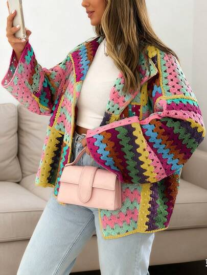 Cardigan tricoté pour femmes, pull ample ajouré et coloré, pull ample à manches longues et poignets évasés, style de rue , tenue d'étudiante, Top mignon, style preppy vintage, convient aux enseignantes