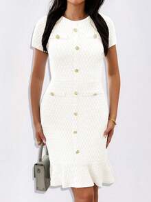 Unadoll Women's Spring Round Neck Short Sleeve Dress With Fake Pockets And Decorative Buttons, Elegant And Fashionable, Suitable For Party, Date, Commute, Birthday, Valentine's Day And Other Occasions - White - View 8