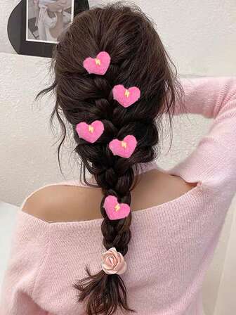 5个/10个情人节粉色闪电毛绒爱心鳄鱼夹发夹，甜美可爱日常刘海侧夹马尾装饰发夹，多功能