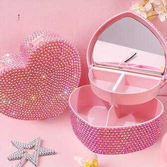双层闪亮心形钻石化妆品收纳盒，带镜子，可拆卸盖子，轻巧塑料首饰盒，适合女性/女孩，时尚手工装饰镜，适合青少年梳妆台