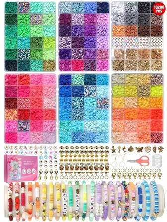 13200粒聚合物黏土珠手鏈製作套件,包括扁平的學院風珠子、聚合物海螺珠和手工藝品道具,可用於友誼珠寶diy