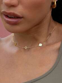 VJS Women's 304 Stainless Steel Hollow Four-Leaf Clover Pendant Necklace - Fashionable Accessory That Won't Fade, Suitable For Daily Wear And Valentine's Day Gift - Yellow Gold - View 1
