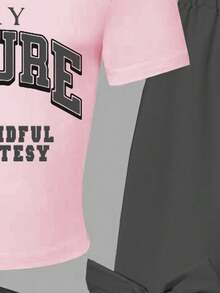 2pcs/Set Fashionable & Sweet Casual Girls Outfit, Including A Minimalist Letter & Bow Decor Pink Short Sleeve Top And A Gray Bow Accent Wide Leg Pants, Suitable For Vacation, Valentine's Day, Spring, Autumn, Summer, Party, School And Daily Wear - Grey - View 5