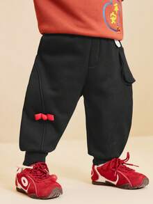 mini bala Young Boys' Thermal Lined Pants – Warm Winter Trousers With Cute Patch Pocket, Elastic Waist - Black - View 2