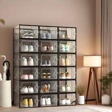 6/12/18/24 Pack X Large Shoe Organizer Storage Boxes For Closet, Modular Space Saving Shoe Boxes Clear Plastic Stackable Sneaker Containers Display Case With Lids - Black - View 13