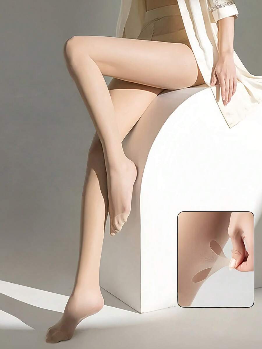 女士裸色透明连裤袜/长筒袜/过膝袜，贴身半透明，宛如第二层肌肤，轻薄透视，修饰腿型，百搭叠穿袜 - 杏色 - 查看 1