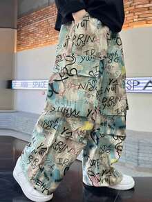 男士时尚街头朋克风格迷彩印花运动裤，必备单品，个性化宽松街头时尚阔腿裤，秋季