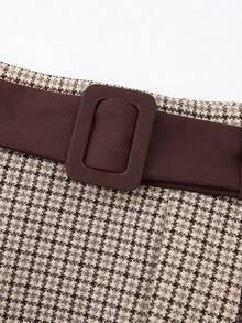 EARO Elegant Plus Size Plaid Pleated Midi Skirt, Non-Stretch, Long Design, With Belt, Fashionable For Women In Autumn Spring - Cà phê mơ - Xem 4