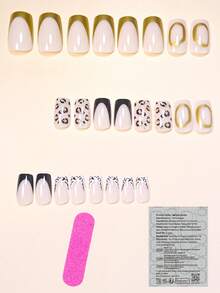 用24片中号方形美甲片表达你的爱意！优雅精致的金色法式香槟金条纹粉色美甲，时尚黑色法式豹纹闪粉美甲，全覆盖式假指甲，适合女性和女孩。包含1张粘合贴片和1支迷你指甲锉，果冻凝胶，随机发货。 - 彩色 - 查看 2