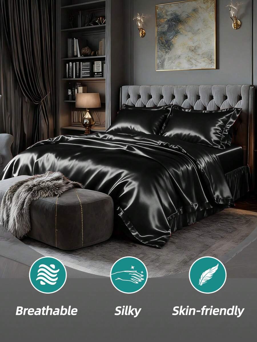 3 Pices Satin Fitted Sheet Set (1 * Fitted Sheet+2 * Pillowcase) – Smooth, Breathable, And Wrinkle-Resistant, Machine Washable For Easy Care, Comfort Bedding Suitable For Adults, Hotels, Apartments, & Home Use - Black - View 1
