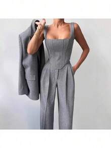 Autumn And Winter Fish Bone Fashion Waist Versatile Long Jacket Women's Vest Pants Three-Piece Suit Suit Long-Sleeved Women's Clothing - 灰色 - 查看 2